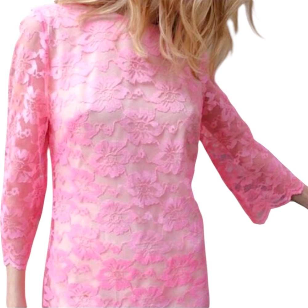 VTG 60s Neon Hot Pink Floral Lace Shift Mini Dress • Nude Slip • 3/4 Sleeve • S